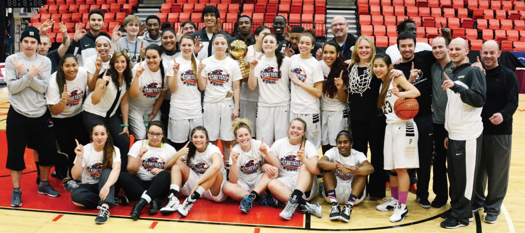 Peninsula women and men celebrating after claiming first and third place at the NWAC tournament at the Toyota Center in Kennewick. Photo By Rick Ross