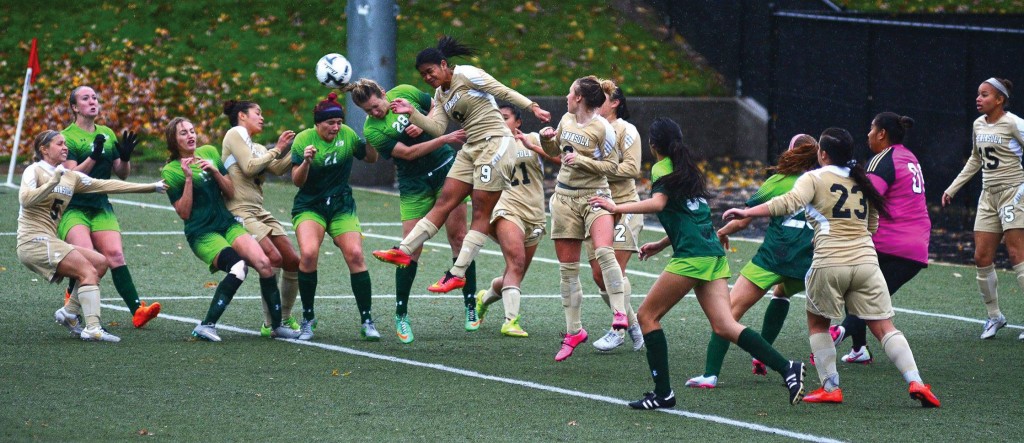 Peninsula women defending a Highline free kick during the NWAC semi-finals. Photo by Jay R. Cline