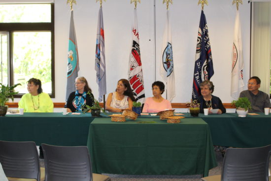 Visiting Elders, from left: Serena Antioquia, Lower Elwha Klallam, Makah; Deanna Buzzell-Gray, Makah; Theresa Parker, Makah, Lummil; Lina Markishtum, Makah; Elaine Grinnell, Jamestown S’Klallam, Lummi; and Robert Elofson. - Photo by Mike Drake